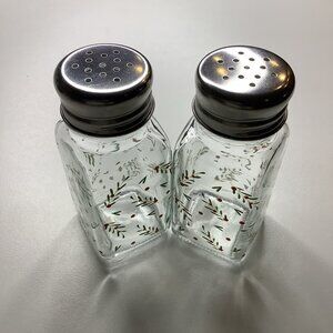 Christmas Holly Design Glass Salt And Pepper Shaker Set. New In Box